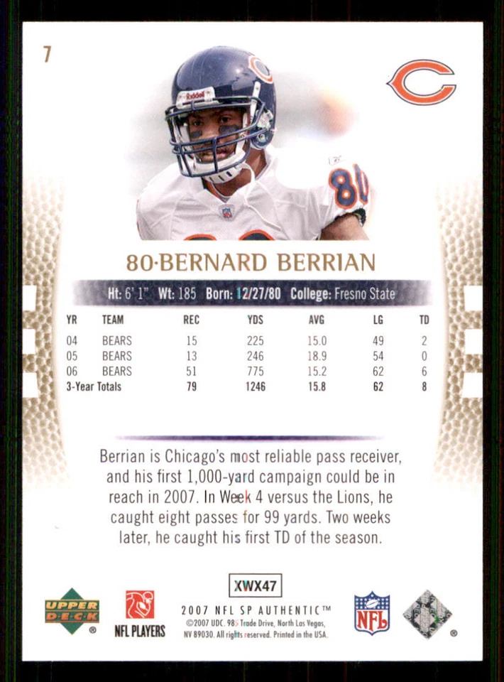 2007 SP Authentic Gold #7 Bernard Berrian /25 - Image 2 of 2