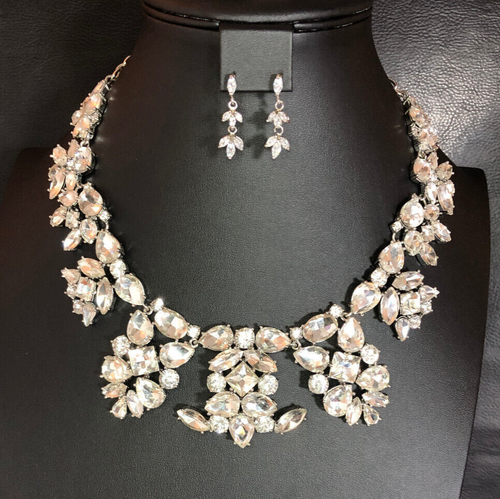 Silver Crystal Rhinestone Bib Statement Necklace Ann Taylor +CZ Earrings 7469