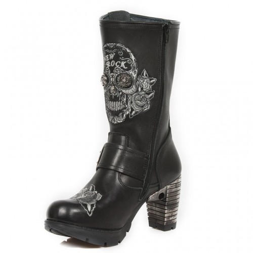 NEW Rock Newrock Tr047-S1 Nero Pelle con Tacco Stivali Biker SUGAR SKULL |  eBay