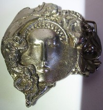 Vtg Art Nouveau Style Ladies Face Repousse Sivertone Belt Buckle