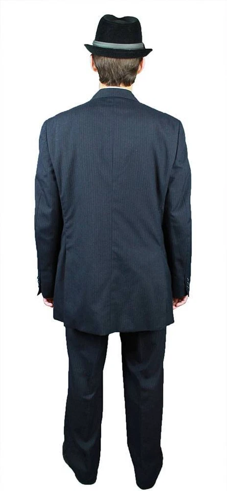 Traje Vintage Tres 3 Piezas 42L Delgado 35x30 Blazer Chaleco Pantalones Azul Oscuro Rayas Foto 4 de 4