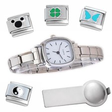 White Squircle Italian Charm Watch Bracelet with Lines Plus Tool Enamel Charms