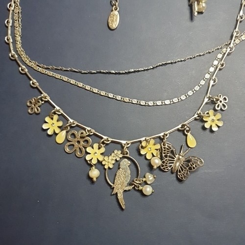 Pilgrim Denmark - 3 Strand Necklace - Yellow Enamel Flowers & Parrot