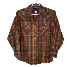 Vintage Wrangler Shirt Men's 16 1/2 34 Western Plaid Long Sleeve Pearl Snap Up