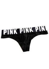 Victoria's Secret PINK Logo Thong Panty Pure Black Wide Band