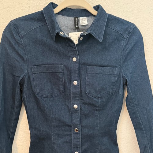 H&M Divided Denim Shirt Dress Womens XS/2 Dark Wash Long Sleeve Button Front NWT - Picture 2 of 6