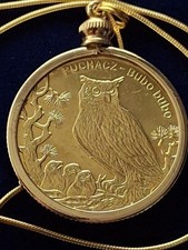 2005 Poland Eagle Owl Coin Pendant & 22" Gold Overlay Snake .925 Chain, 28mm