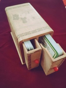 Vintage Wooden Playing Card Storage Box Holder, 2 Drawers, Red Knobs