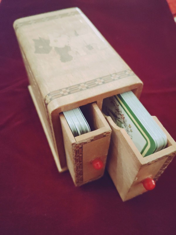 Vintage Wooden Playing Card Storage Box Holder, 2 Drawers, Red Knobs