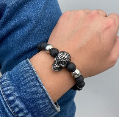 MENDEL 7 Inch Mens Lava Stone Rock Beads Skull Biker Cuff Bracelet Men Stainless