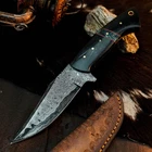 9.2 inch Handmade Damascus Hunting Knife Full Tang Resin Handle Leather Sheath
