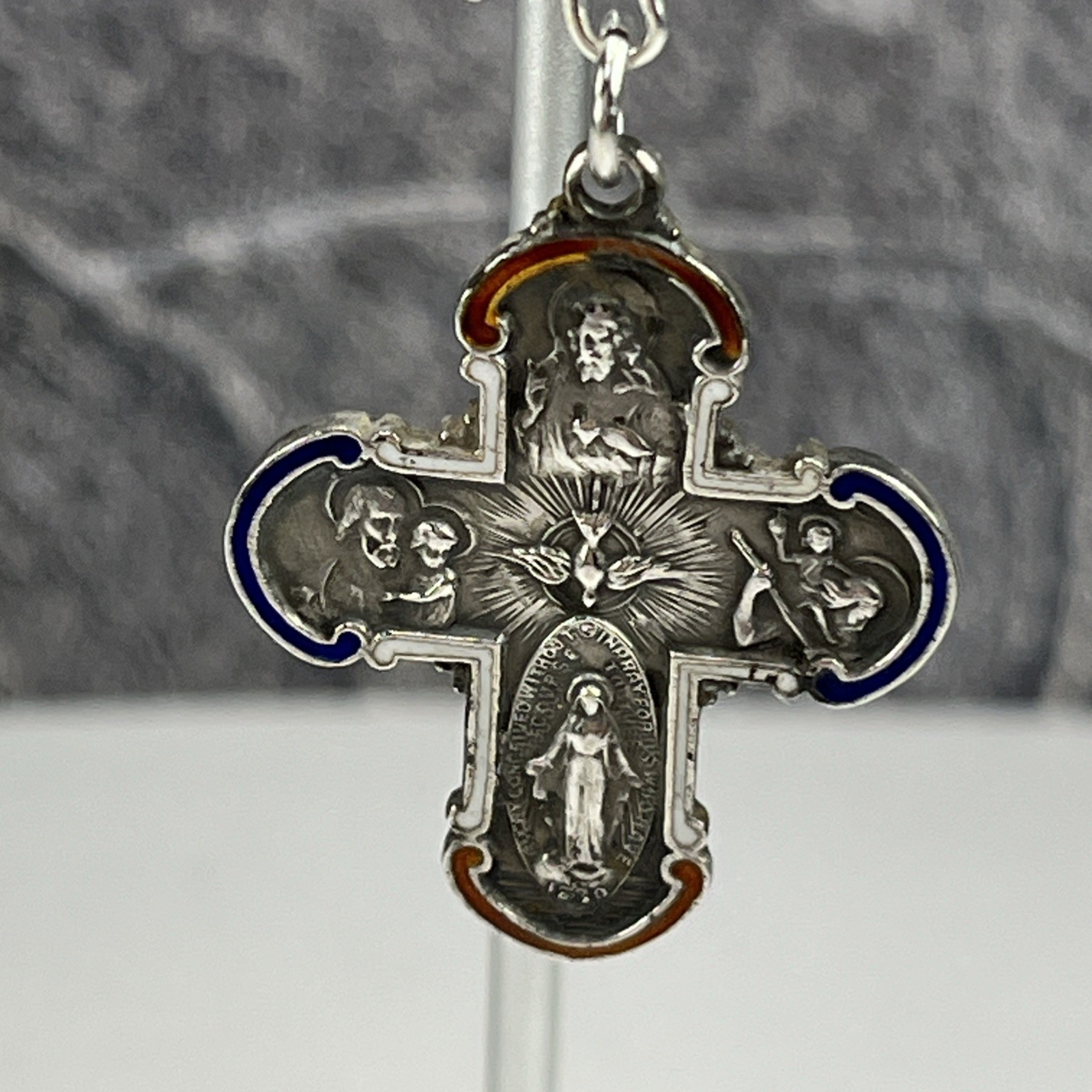 Four Way Medal Sterling Silver Enamel Catholic Medal pendant 4.66 grams