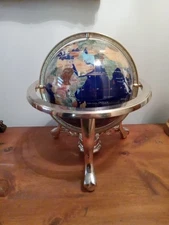 VINTAGE ART WORLD GLOBE GEMSTONE WITH BRASS REVOLVING STAND TABLETOP  COMPASS