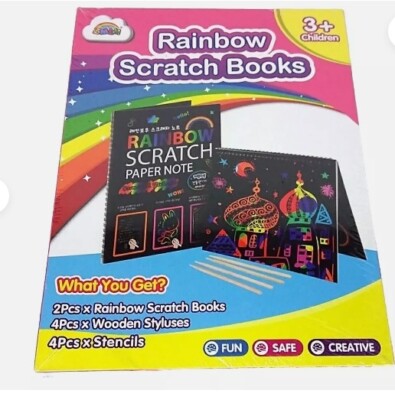 Rainbow Scratch Books Set, 2 Books, 4 Styluses & 4 Stencils, NEW, by ZMLM