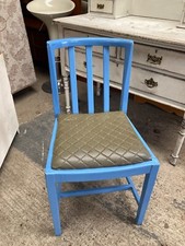 Blue Wooden Dining Chair Kitchen with Vinyl Fabric Seat Vintage Painted