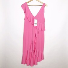Zara Womens Dress Medium Flutter Sleeveless Pink Ruffle V-Neck Hi-Lo Influencer