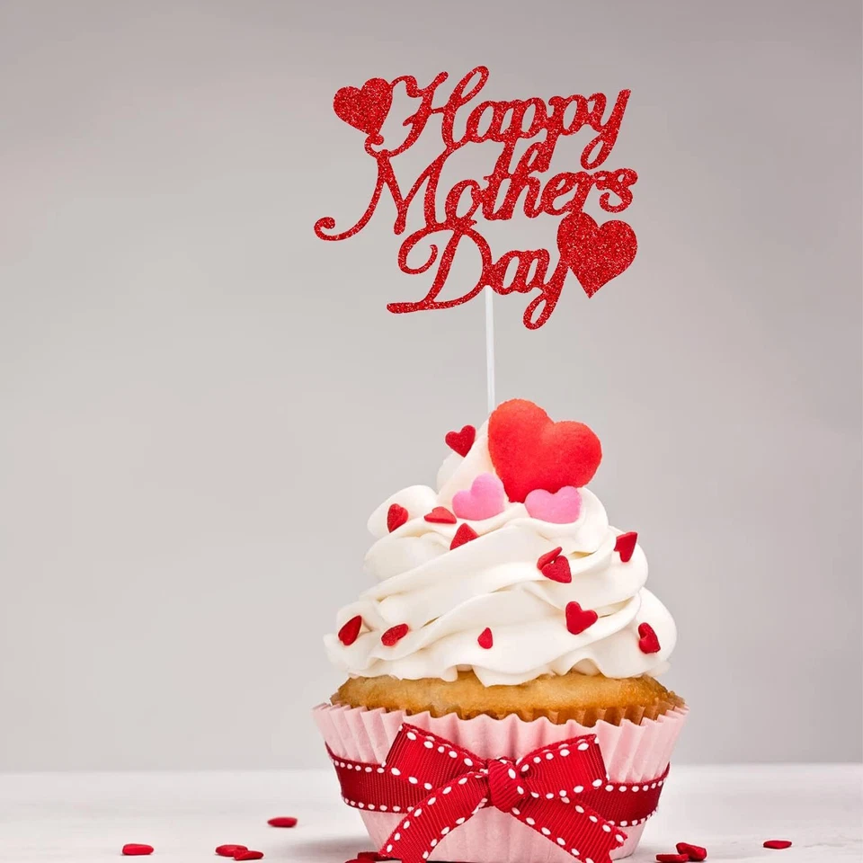 15Pcs Happy Mother'S Day Cake Topper Red Glitter Cake Topper Mothers Day Cupcake - Image 4 of 4
