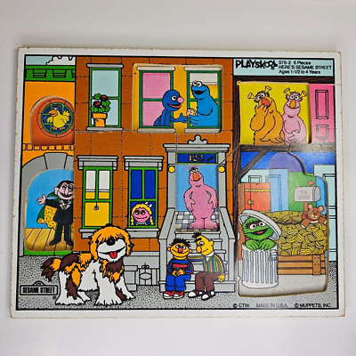 Playskool Vintage Here's Sesame Street Wood Tray Puzzle 6 Pieces Toddler