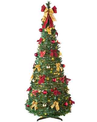 6 Fuß Pre-Lit Pop Up Weihnachtsbaum dekoriert mit roten & goldenen Blumenkugeln & LED