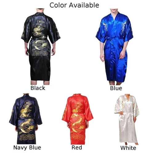 Mens Satin Chinese Dragon Kimono-Silk Bathrobe Pajamas Sleepwear Gown Bath Robe - Imagen 4 de 49