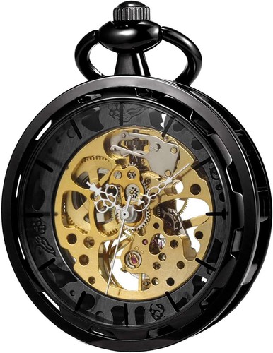 VIGOROSO Classic Steampunk Pocket Watch Skeleton Hand-Wind with Chain for Men
