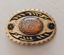 Vtg Oval Agate Stone Yellow Orange Frosted Floral Gold Hammered Edge Belt Buckle