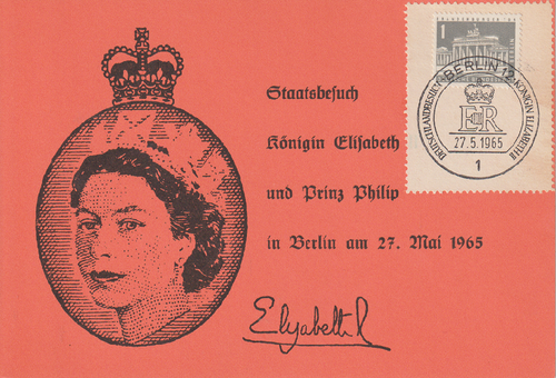 Gedenkkarte Deutschlandbesuch Königin Elizabeth II 27.5.65