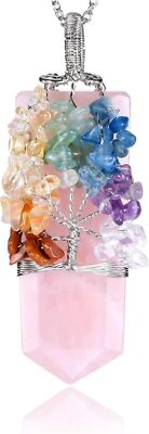 7 Chakra Rosenquarz Lebensbaum Anhänger Edelstein Glückskette