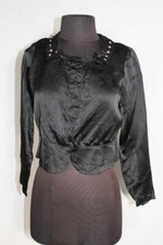 RARE FRENCH ANTIQUE EDWARDIAN BLACK EMBROIDERED SILK SATIN BLOUSE SIZE MEDIUM