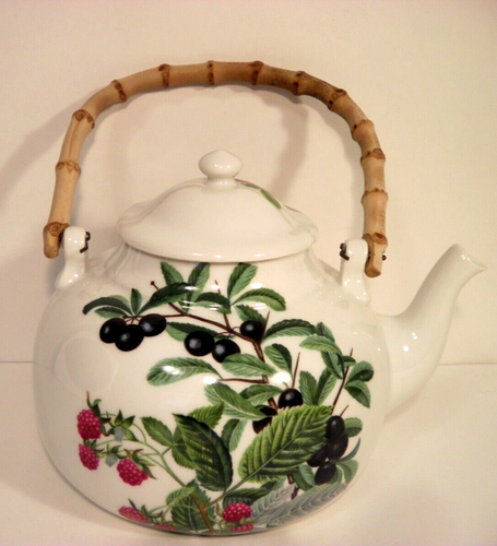 Limoges France Aluminite Frugier Teapot Porcelain Raspberry Blueberry Bamboo Lg - Picture 3 of 12