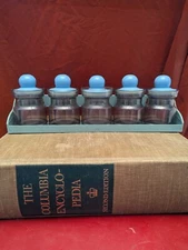 Vintage 1980s Storage Spice Jar Set Clear Plastic 6 Piece Blue Lids With rack
