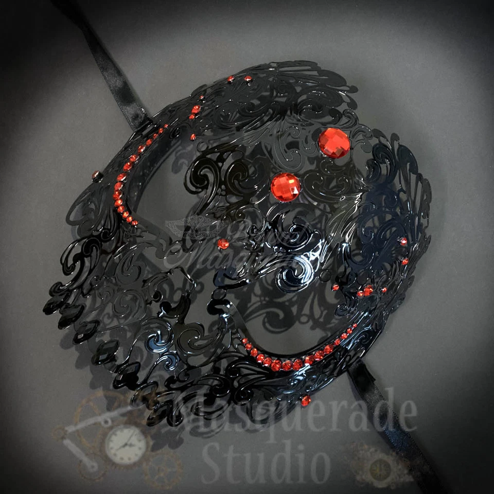 Womens Black Full Skull Phantom Filigree Metal Masquerade Mask [Red Rhinestones] - Image 3 of 4