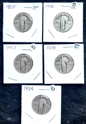 1925-1926-1927-1928-1929 (5) Standing Liberty Quarters 90% Silver VG+ Features