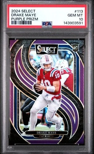 2024 Panini Select DRAKE MAYE ROOKIE PREMIER PURPLE PRIZM RC /75 Patriots PSA 10