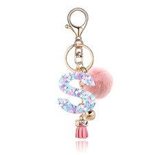 Resin Alphabet Initial Letter Keychain Keyring for Women Pink Fur Ball Letter S