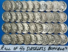 Buffalo Nickels Roll Lot of 40 DATELESS NO DATE Buffalo Nickels ~ NO ACID STAINS