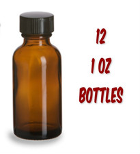 12 Twelve 1 oz Amber Glass Boston Round Bottles Black Screw Top