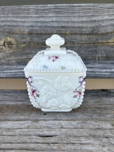 Milk Glass Vtg Floral  & Raised Grape Leaf Pattern Square Covered Candy Dish