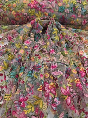 Fabric By The Yard Multicolor Lace Pink Fuchsia Embroidery Flowers On White Mesh image 9
