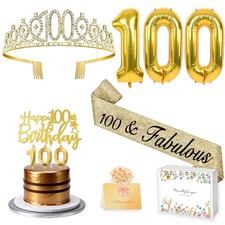 100th Birthday Decorations for Women 100th Birthday Sash and Crown,Gold 100