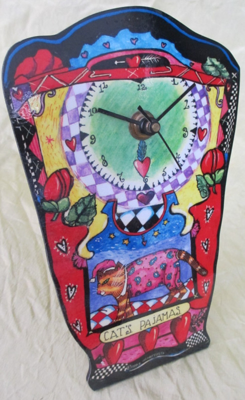 Cat's Pajamas wall / desk clock Wendy Costa signed 7.5" H x 4 3/4"