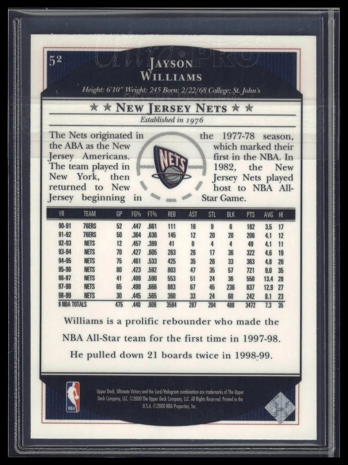 1999-00 Upper Deck Ultimate Victory #52 Jayson Williams Foto 2 de 2