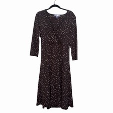 Nine & Co by Nine West Womens L Brown Polka Dot Faux Wrap Midi Dress 3/4 Sleeve