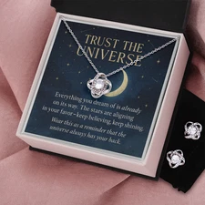 Trust the Universe – Celestial Necklace and Earring Set, Love Knot Jewelry Gift,