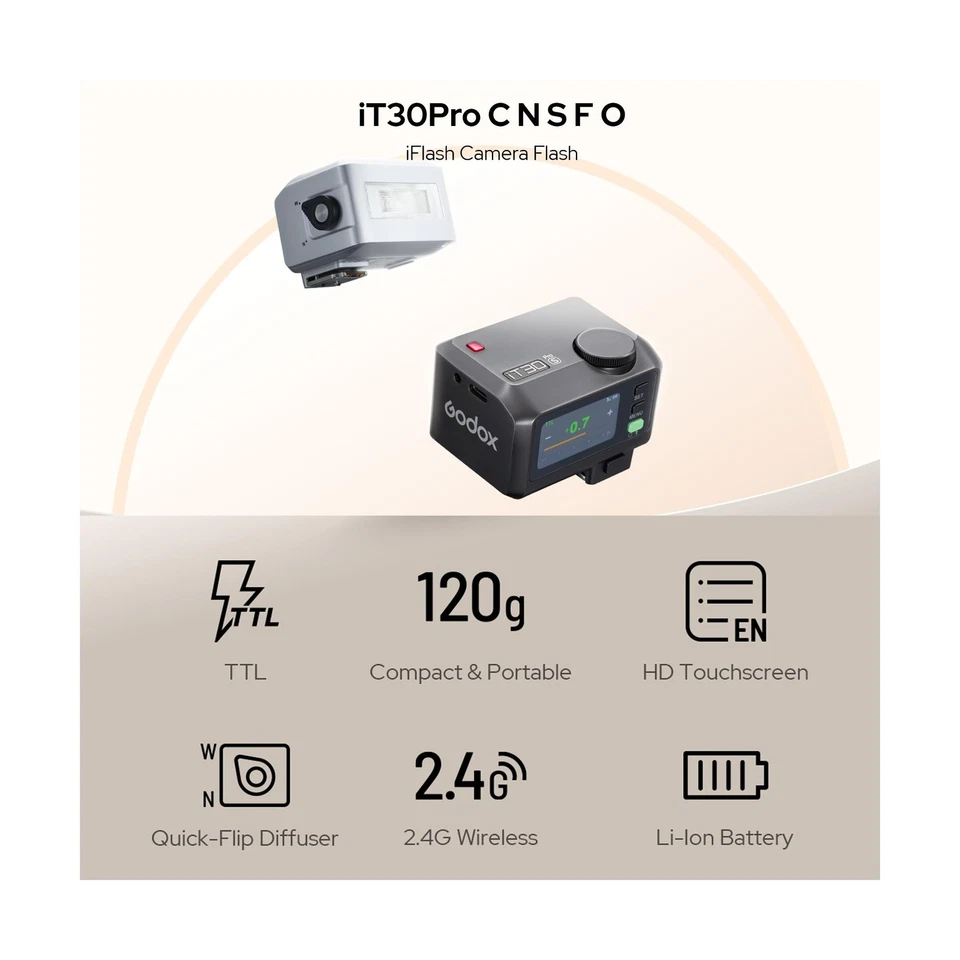 Mini luz flash para cámara GODOX IT30Pro TTL, pantalla táctil a todo color, HSS 1/8000 S... Foto 2 de 4