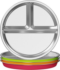 Kids Stainless Steel Divided Plates W/ Anti-Slip Silicone Sleeves Dishwasher