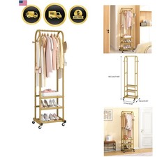 Clothing Rack Mobile Garment Rack with Wheels 3 Shelves Gold Modern
