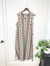Denim And Co XL Pink Green Geometric Sleeveless Maxi Shift Dress Women’s XL