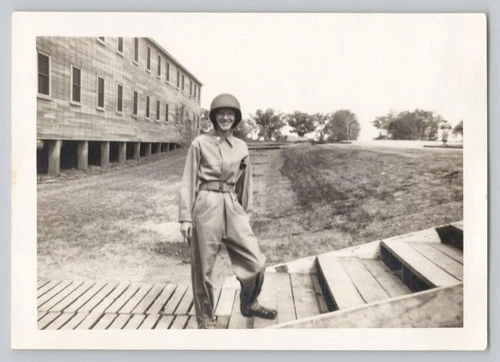 1940s WWII Smiling WAC Woman Fatigues & Helmet Military Barracks Vintage Photo