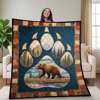 Bear Paw Quilted Blanket Wildlife Bear Quilt Rustic Cabin Mountain Cozy Gift